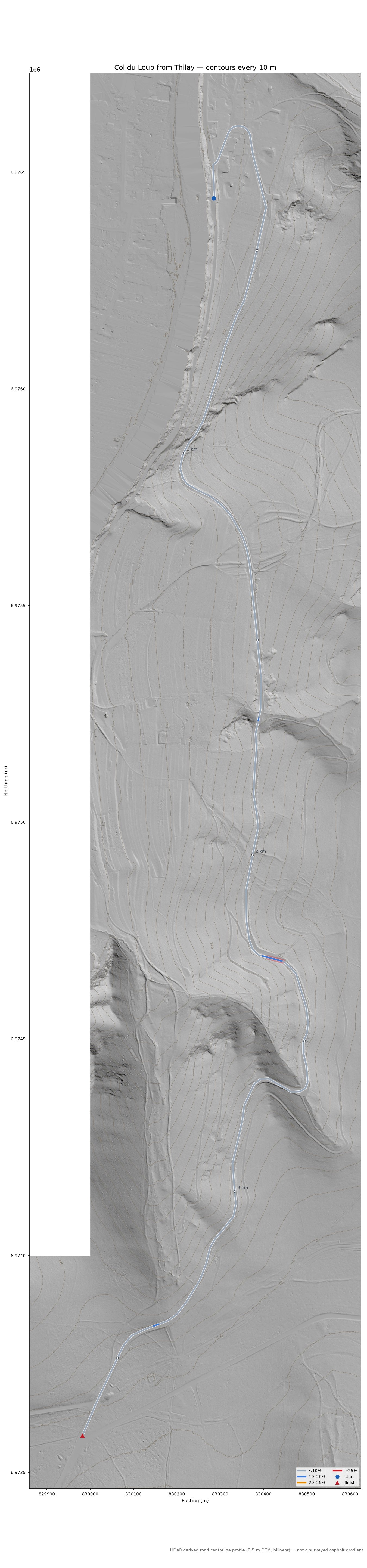 Col du Loup from Thilay LiDAR hillshade map with contours