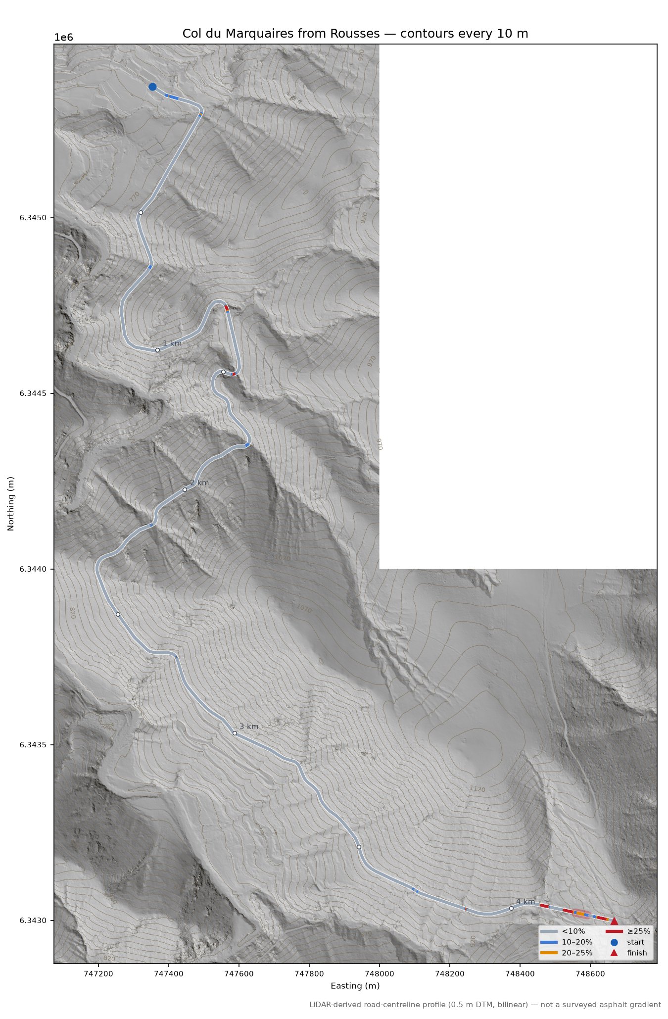 Col du Marquaires from Rousses LiDAR hillshade map with contours