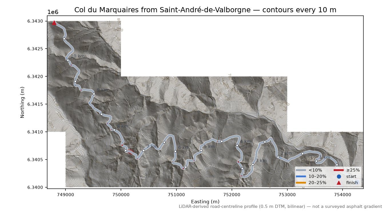 Col du Marquaires from Saint-André-de-Valborgne LiDAR hillshade map with contours