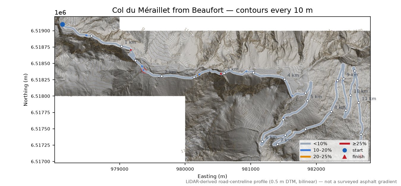 Col du Méraillet from Beaufort LiDAR hillshade map with contours
