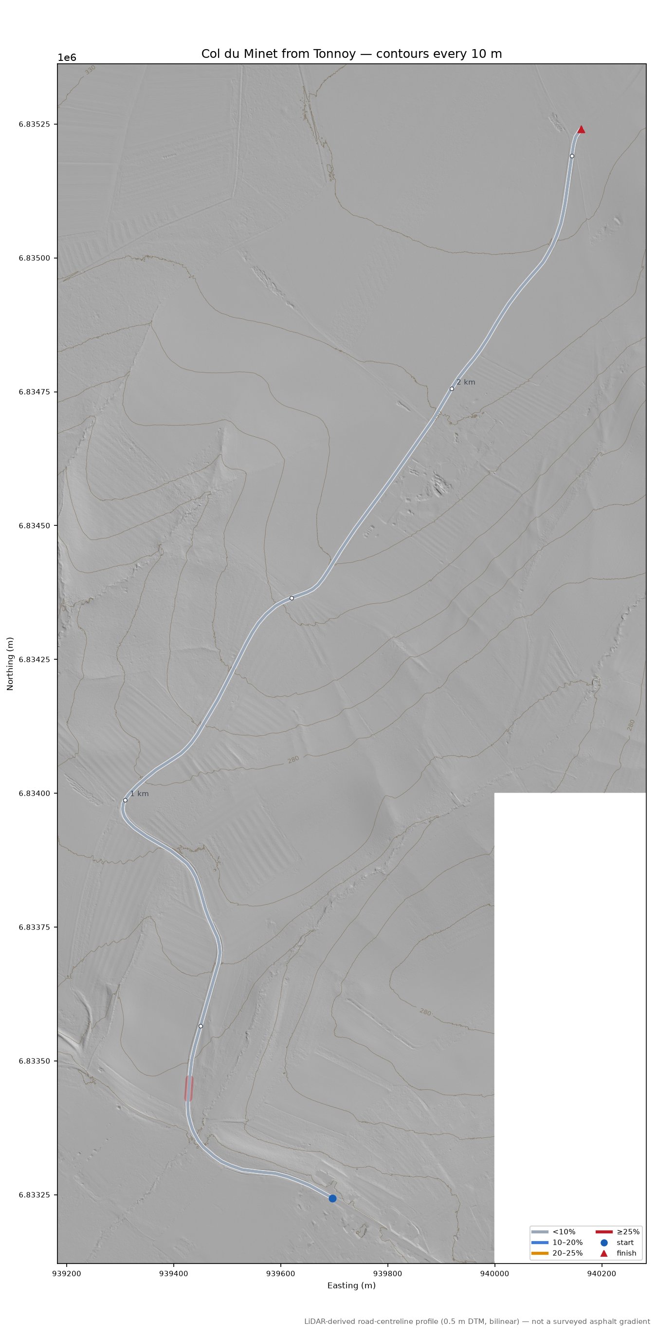 Col du Minet from Tonnoy LiDAR hillshade map with contours