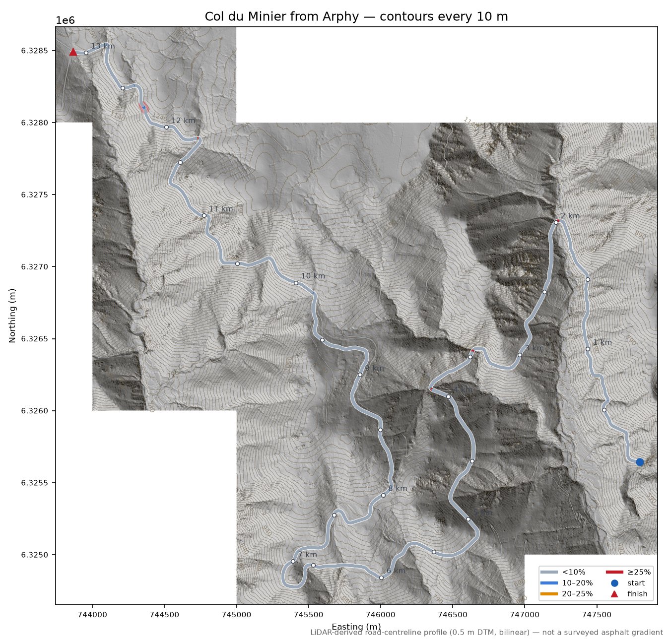 Col du Minier from Arphy LiDAR hillshade map with contours