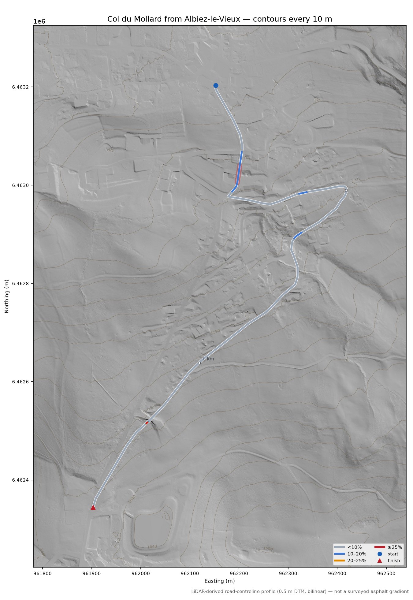 Col du Mollard from Albiez-le-Vieux LiDAR hillshade map with contours
