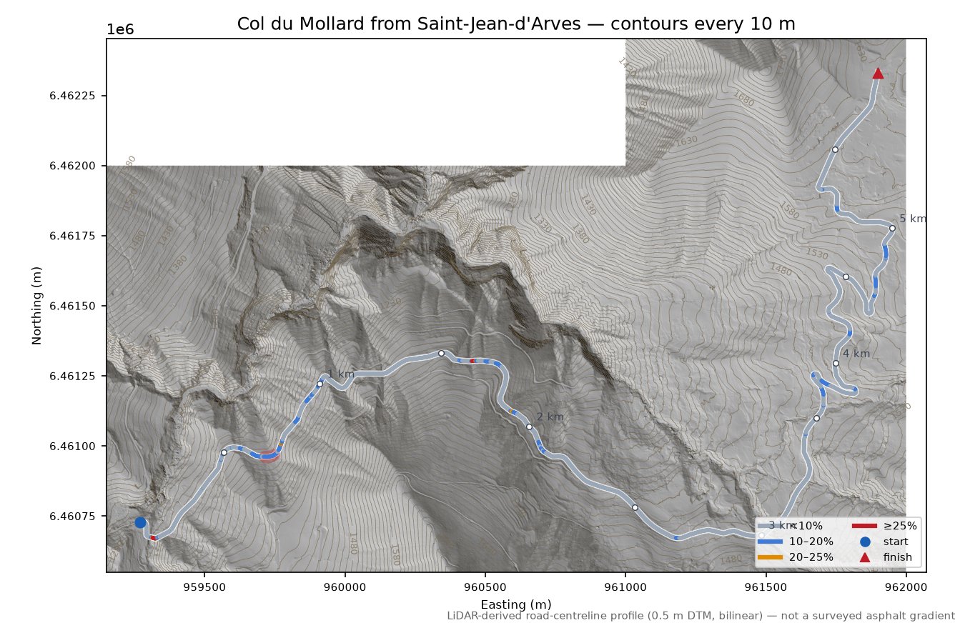 Col du Mollard from Saint-Jean-d'Arves LiDAR hillshade map with contours