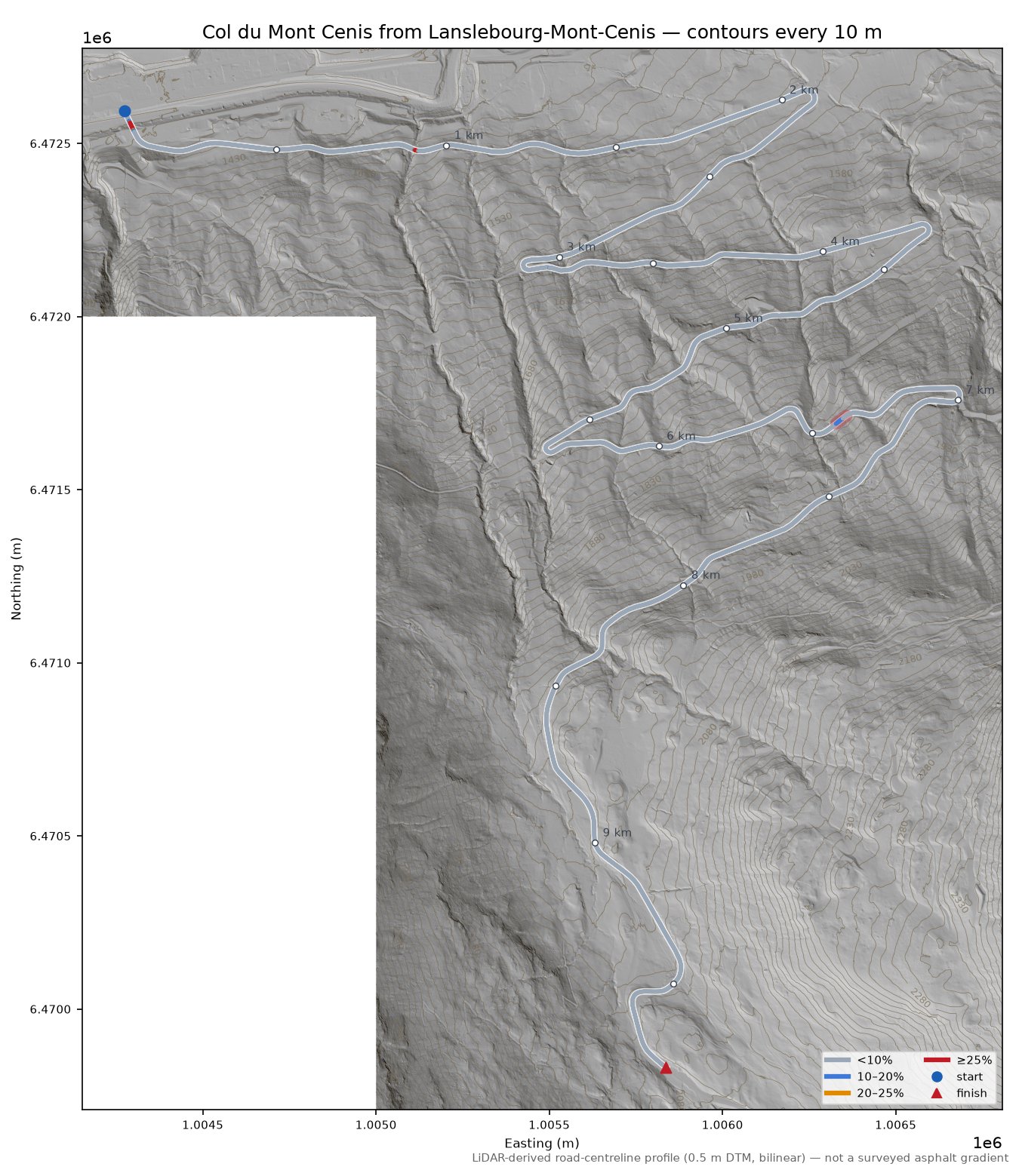 Col du Mont Cenis from Lanslebourg-Mont-Cenis LiDAR hillshade map with contours