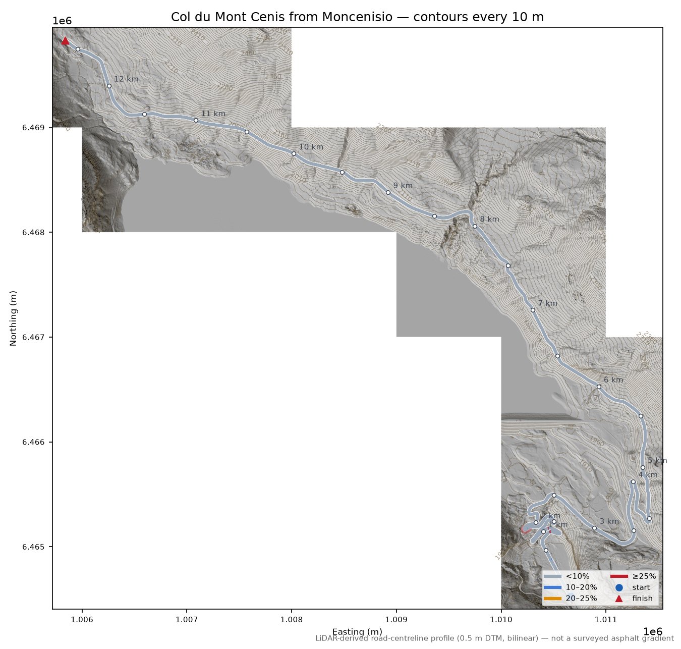 Col du Mont Cenis from Moncenisio LiDAR hillshade map with contours