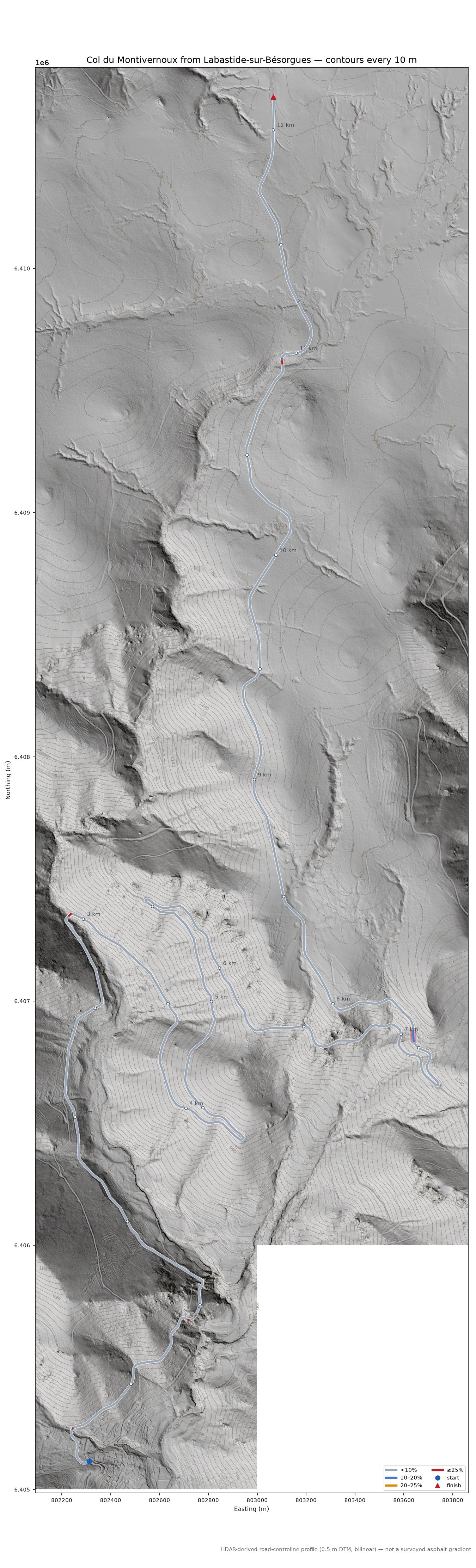 Col du Montivernoux from Labastide-sur-Bésorgues LiDAR hillshade map with contours