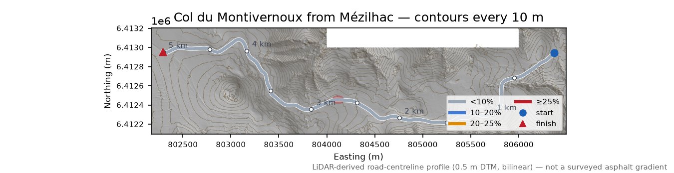 Col du Montivernoux from Mézilhac LiDAR hillshade map with contours