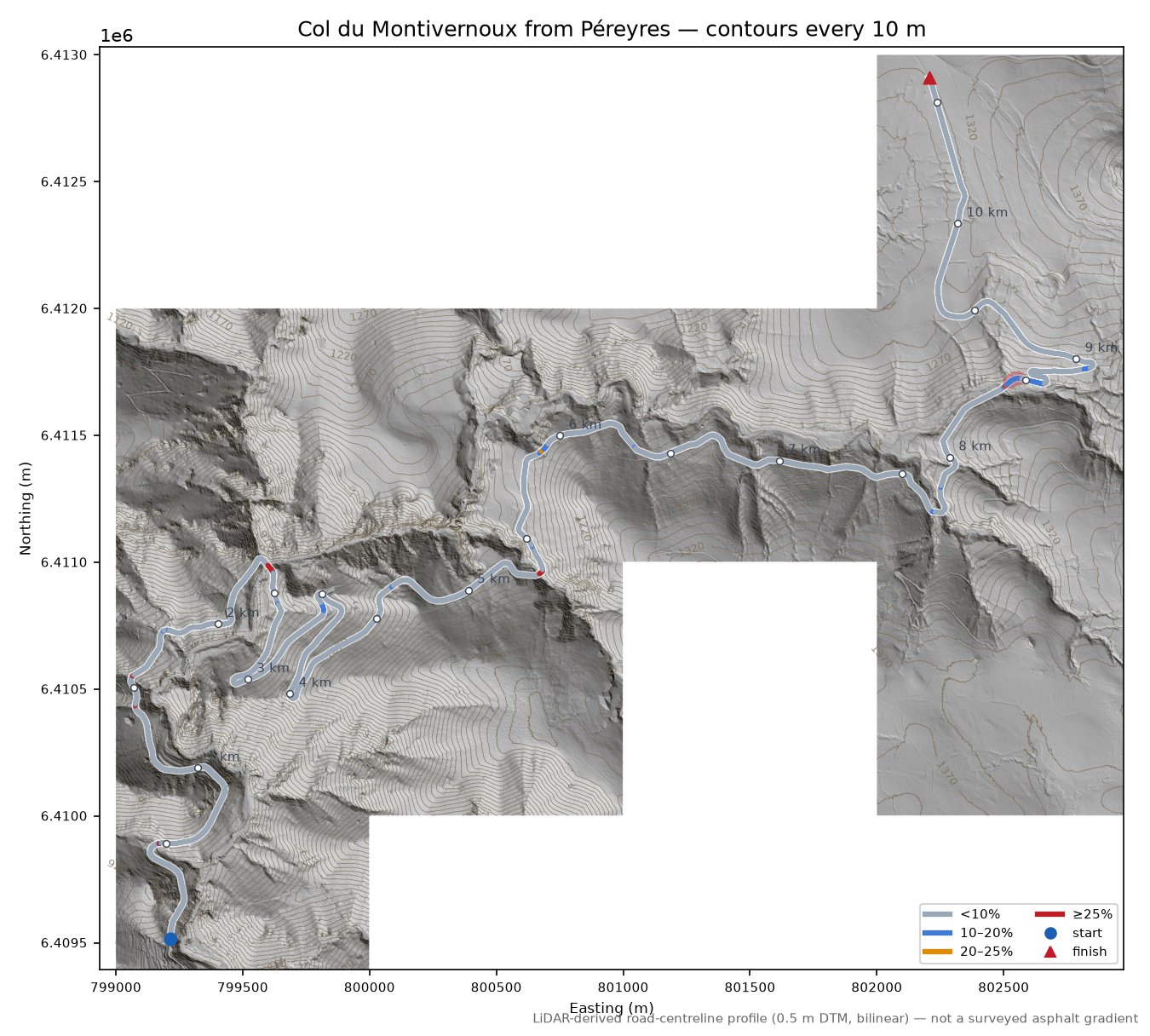 Col du Montivernoux from Péreyres LiDAR hillshade map with contours