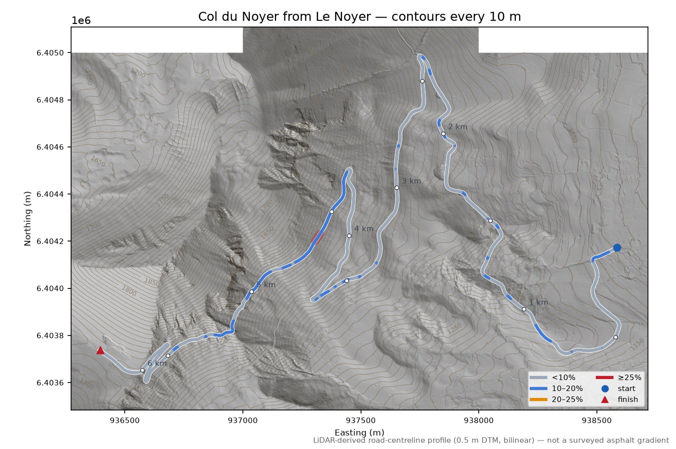 Col du Noyer from Le Noyer LiDAR hillshade map with contours