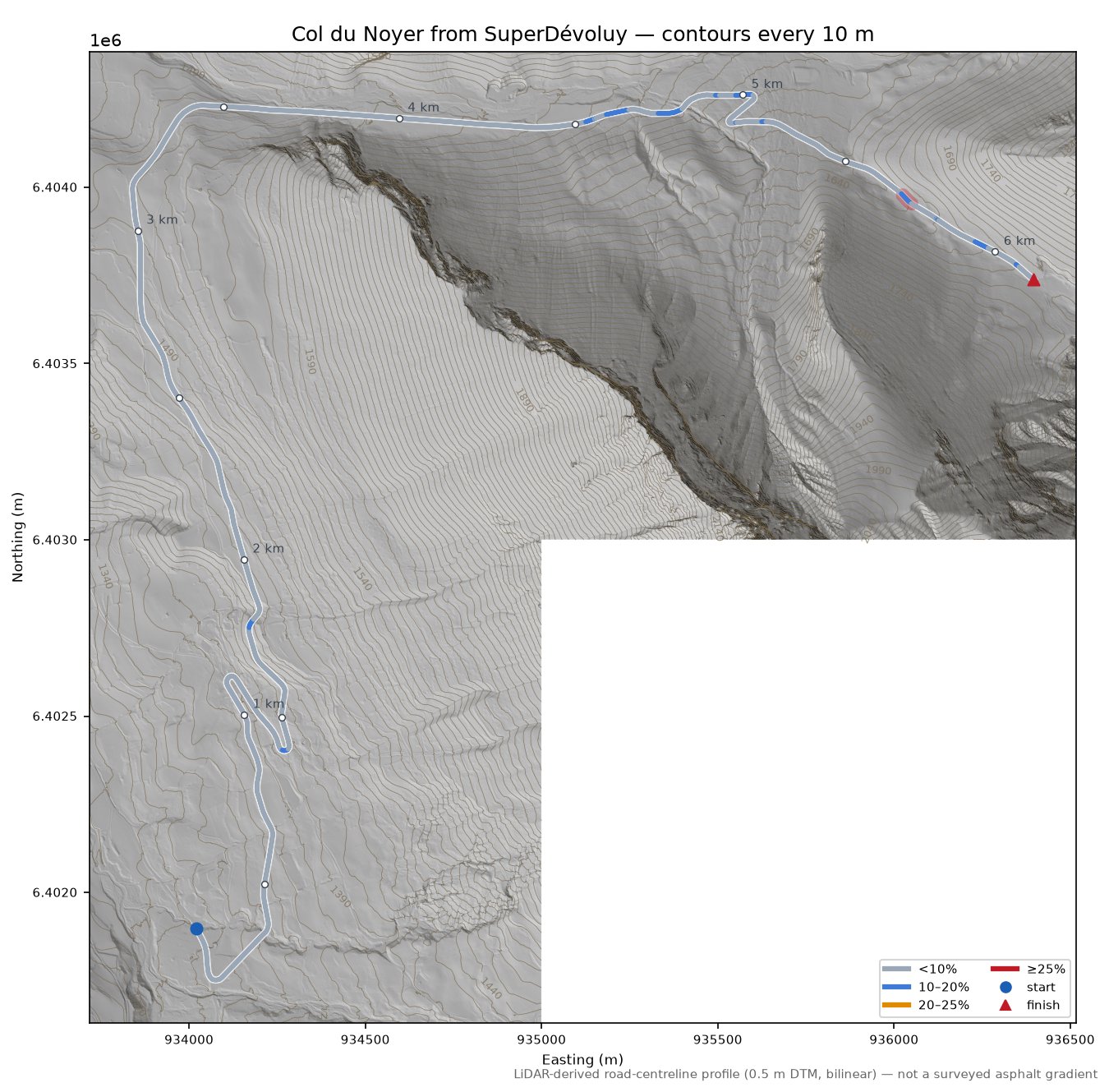 Col du Noyer from SuperDévoluy LiDAR hillshade map with contours