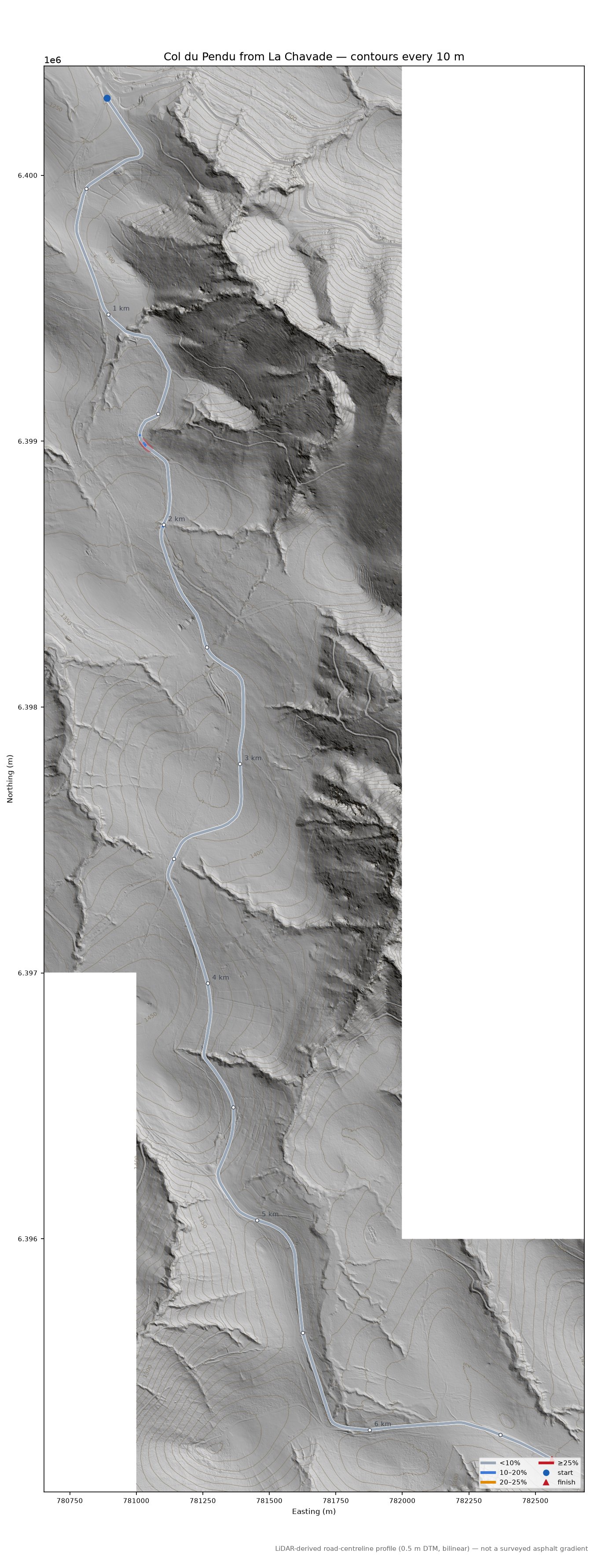 Col du Pendu from La Chavade LiDAR hillshade map with contours