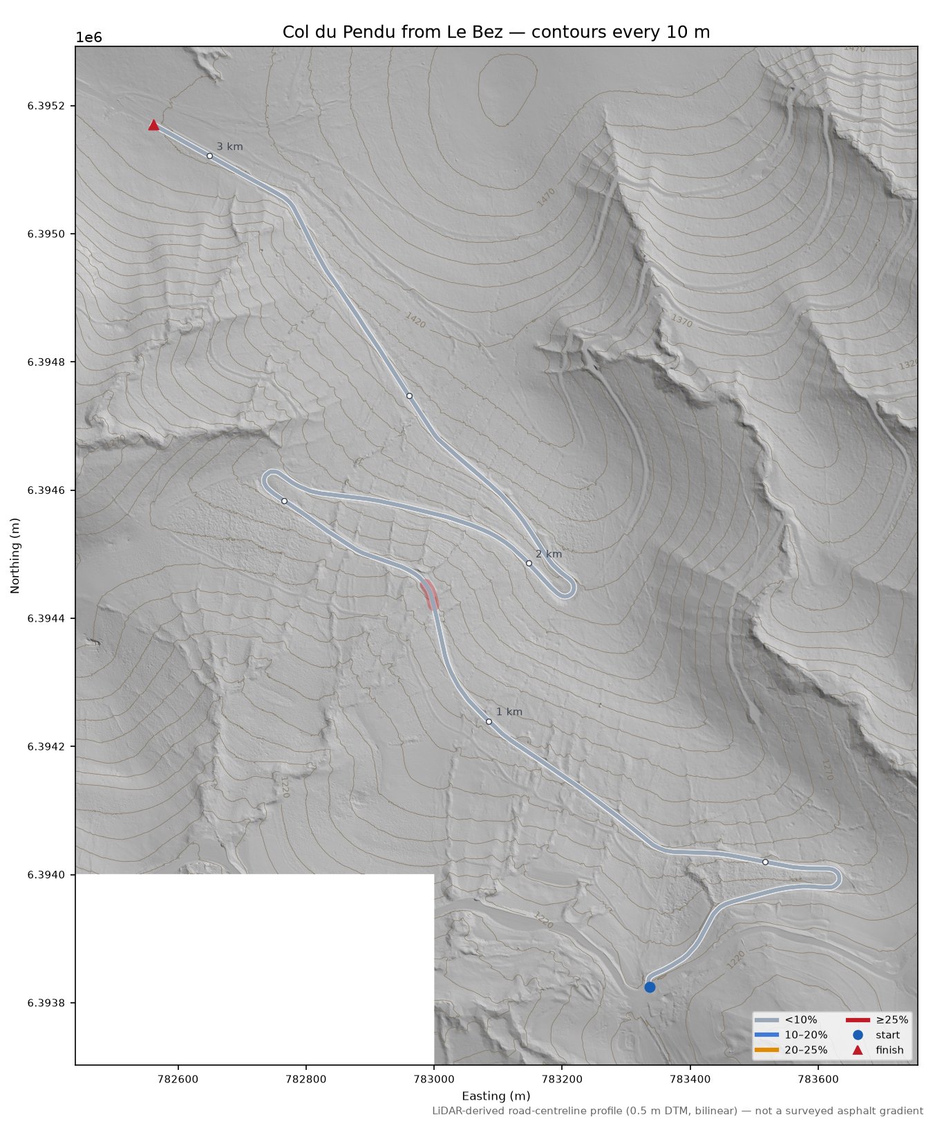 Col du Pendu from Le Bez LiDAR hillshade map with contours