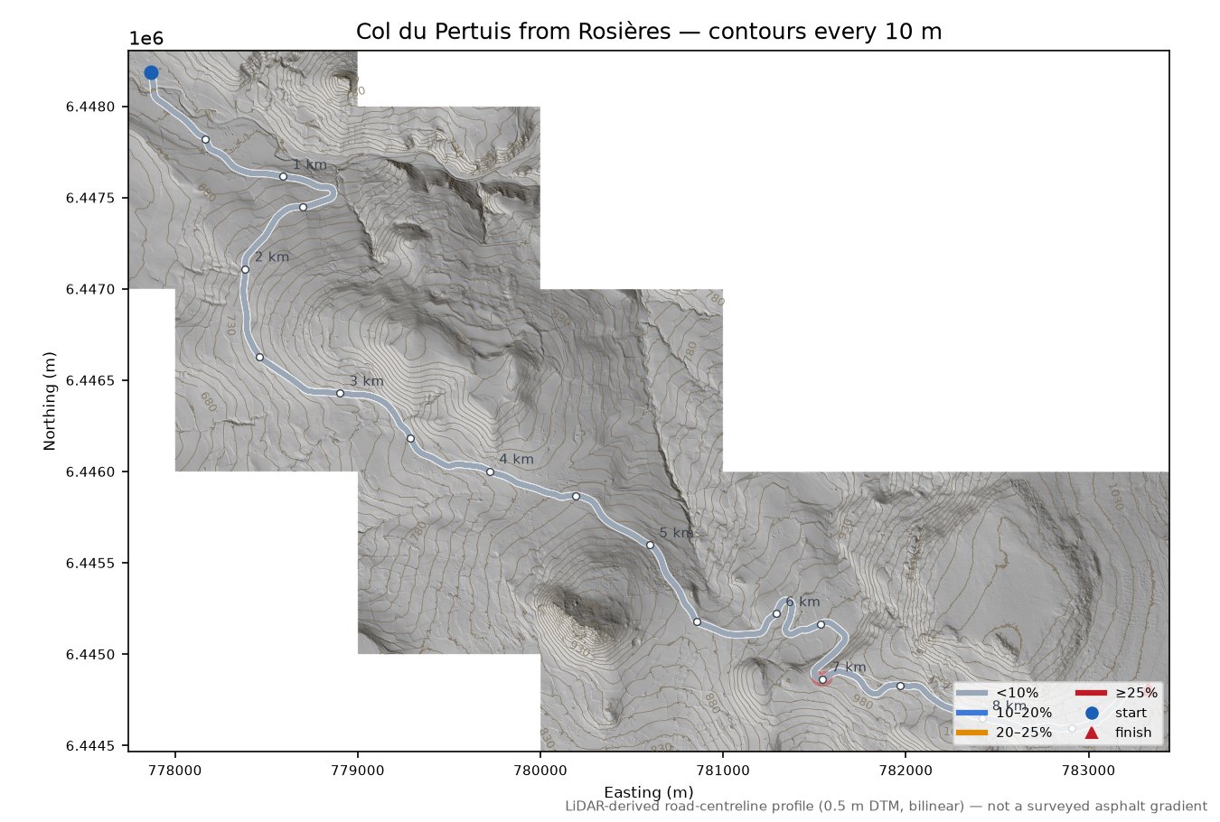 Col du Pertuis from Rosières LiDAR hillshade map with contours