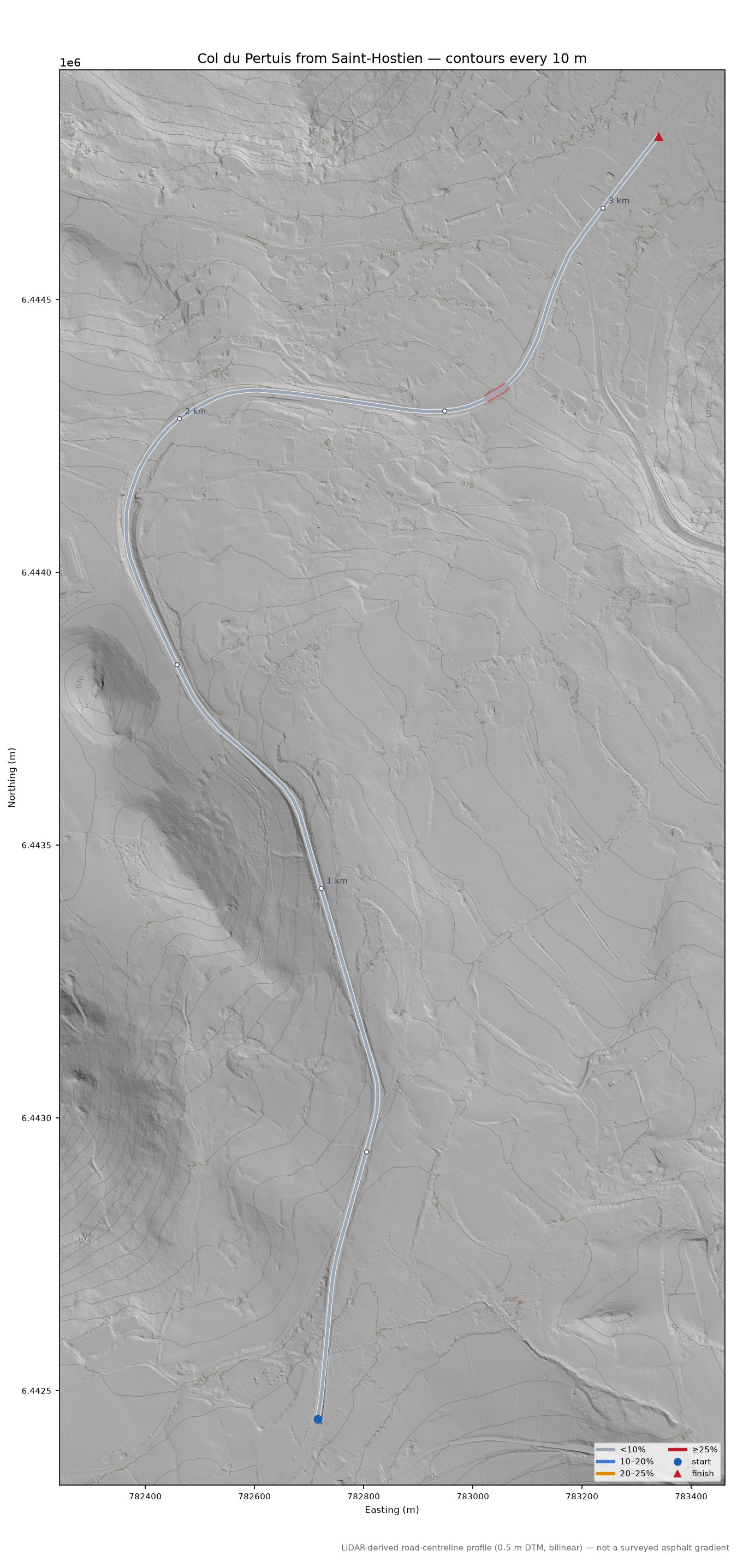 Col du Pertuis from Saint-Hostien LiDAR hillshade map with contours