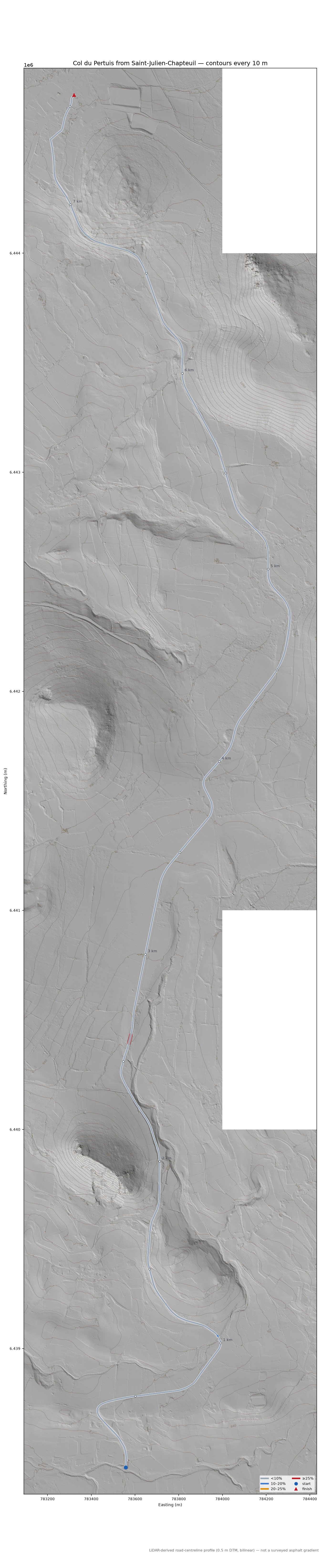 Col du Pertuis from Saint-Julien-Chapteuil LiDAR hillshade map with contours