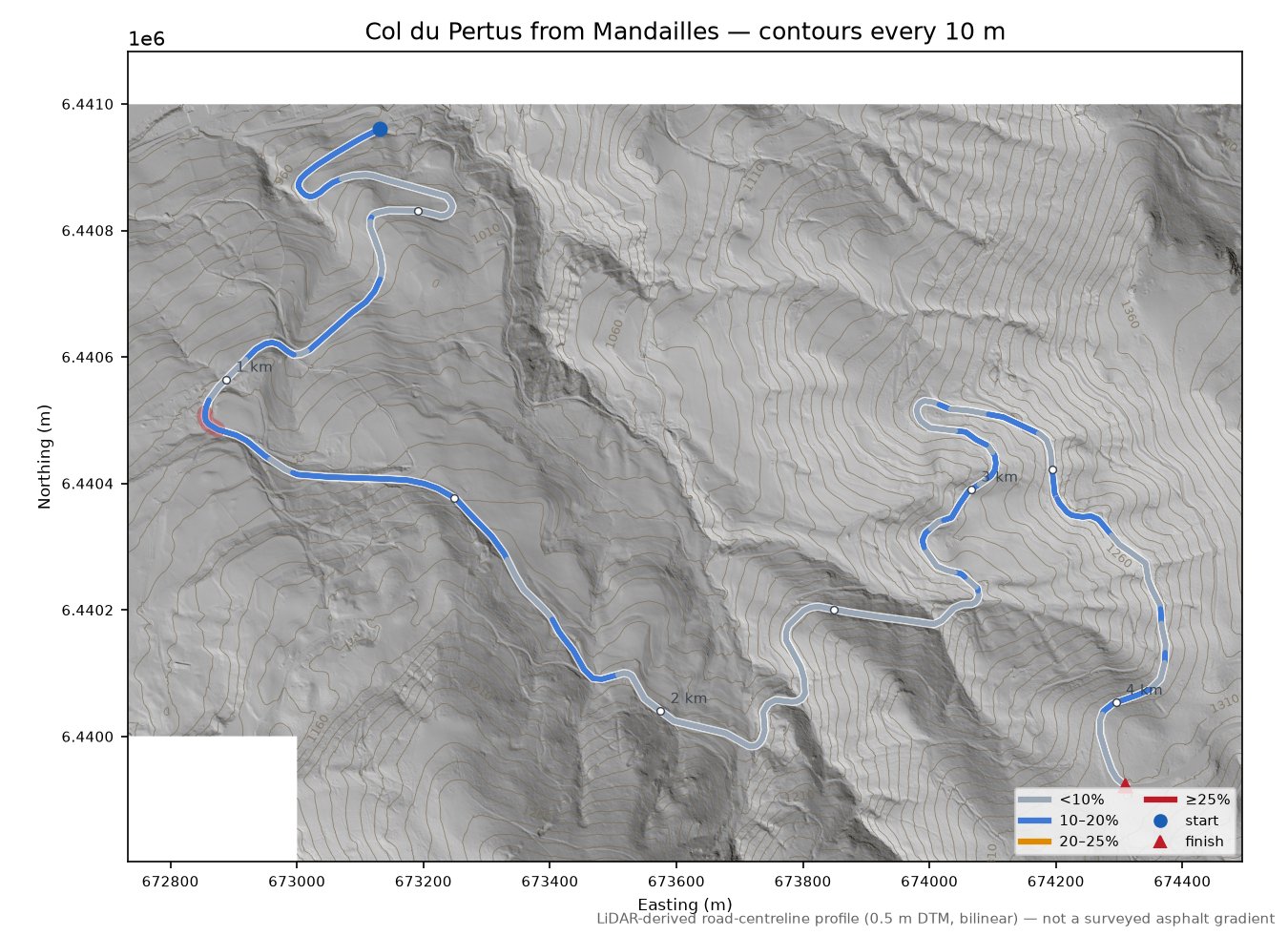 Col du Pertus from Mandailles LiDAR hillshade map with contours