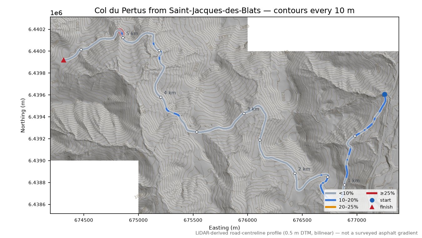 Col du Pertus from Saint-Jacques-des-Blats LiDAR hillshade map with contours