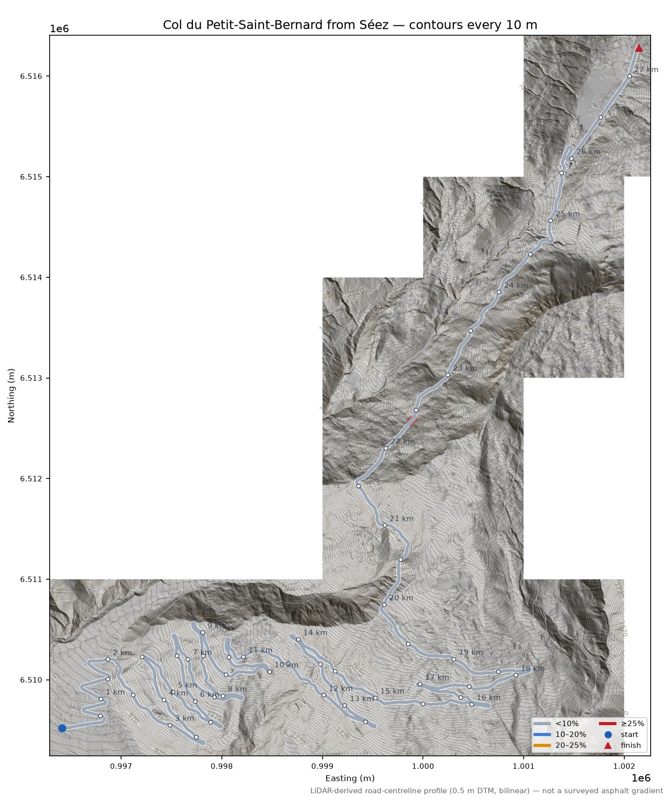 Col du Petit-Saint-Bernard from Séez LiDAR hillshade map with contours