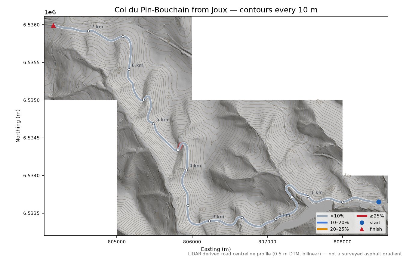 Col du Pin-Bouchain from Joux LiDAR hillshade map with contours