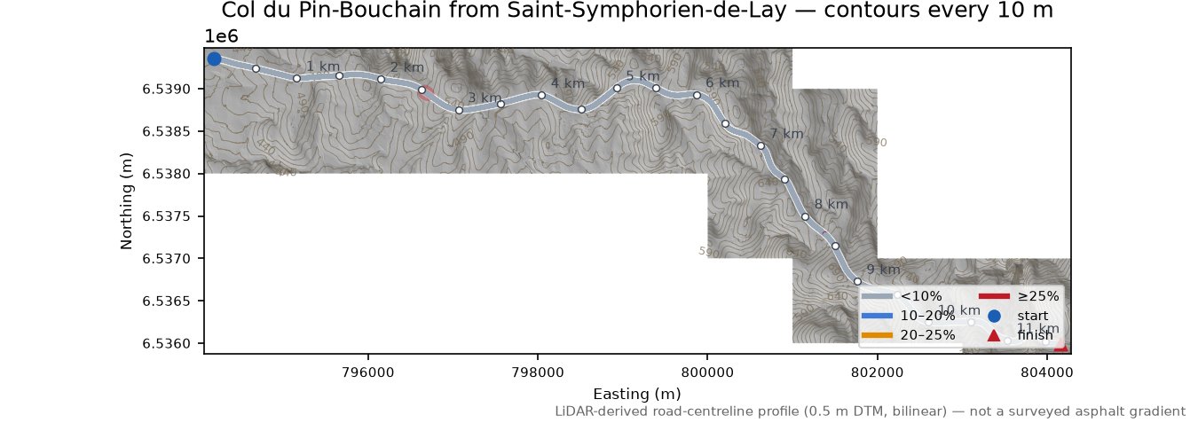 Col du Pin-Bouchain from Saint-Symphorien-de-Lay LiDAR hillshade map with contours