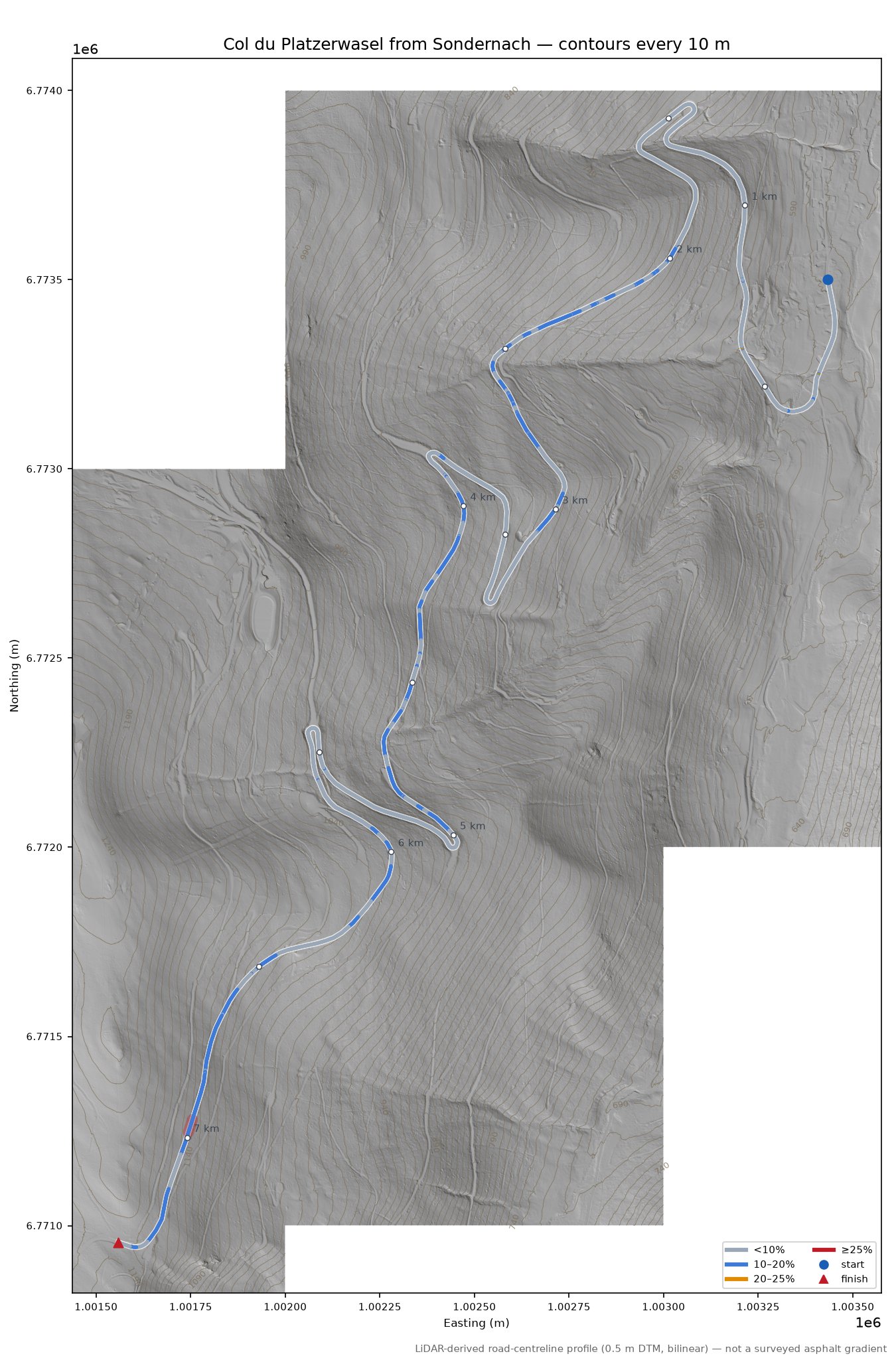 Col du Platzerwasel from Sondernach LiDAR hillshade map with contours