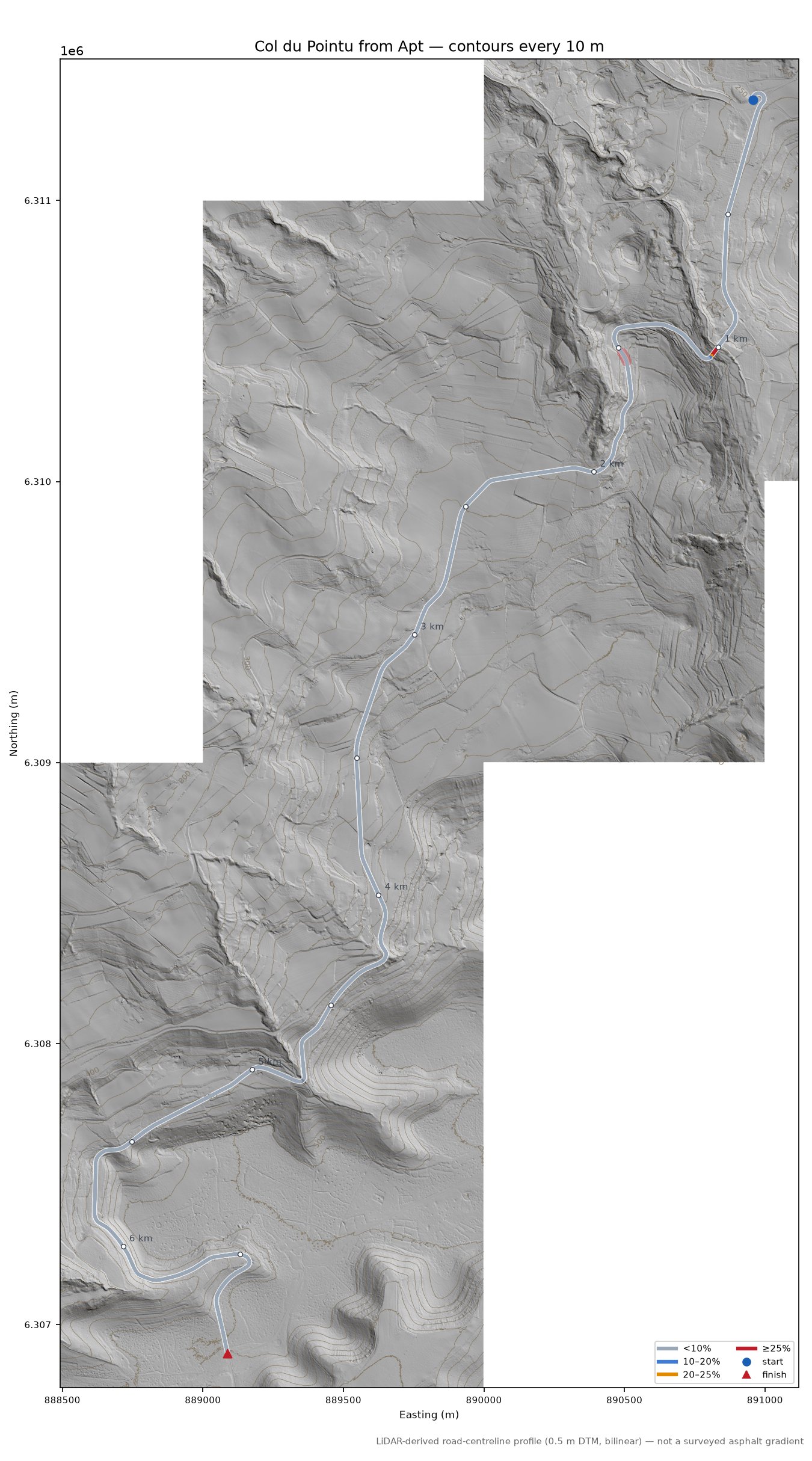 Col du Pointu from Apt LiDAR hillshade map with contours