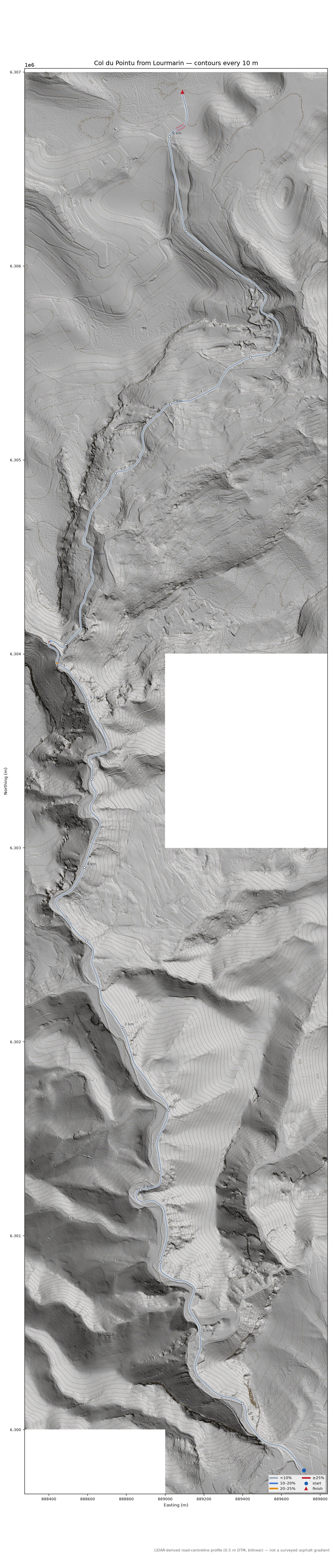 Col du Pointu from Lourmarin LiDAR hillshade map with contours