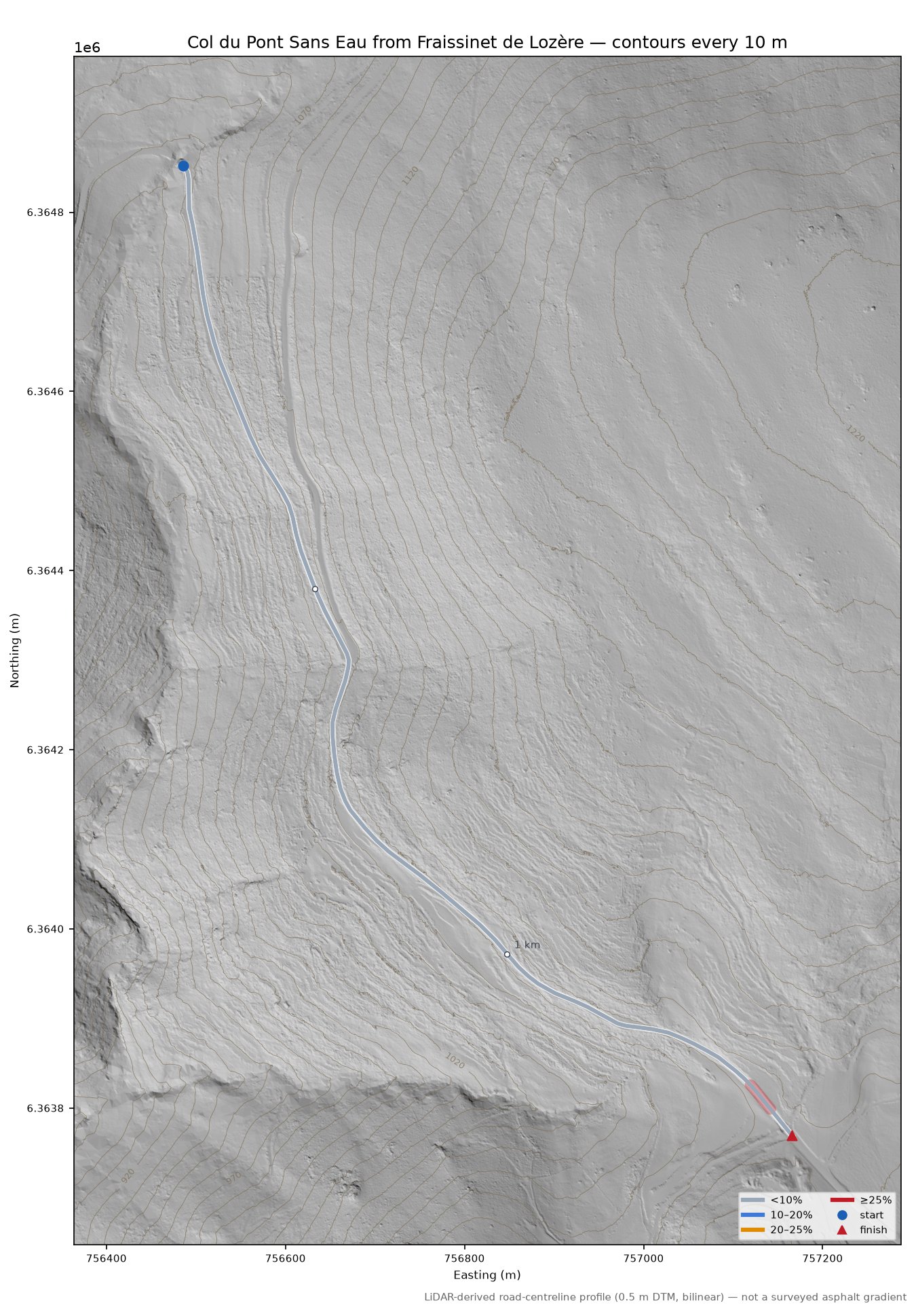 Col du Pont Sans Eau from Fraissinet de Lozère LiDAR hillshade map with contours