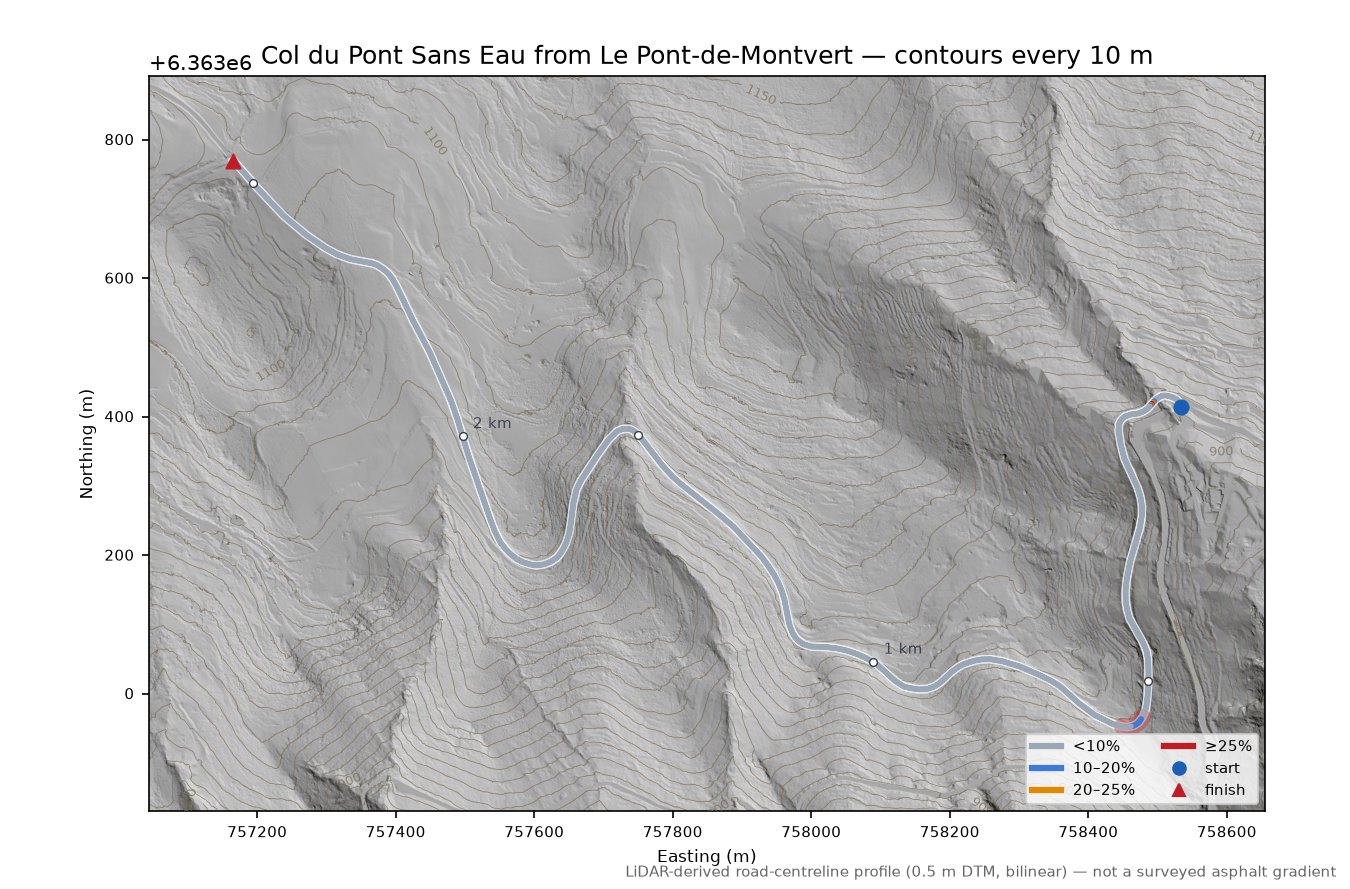 Col du Pont Sans Eau from Le Pont-de-Montvert LiDAR hillshade map with contours