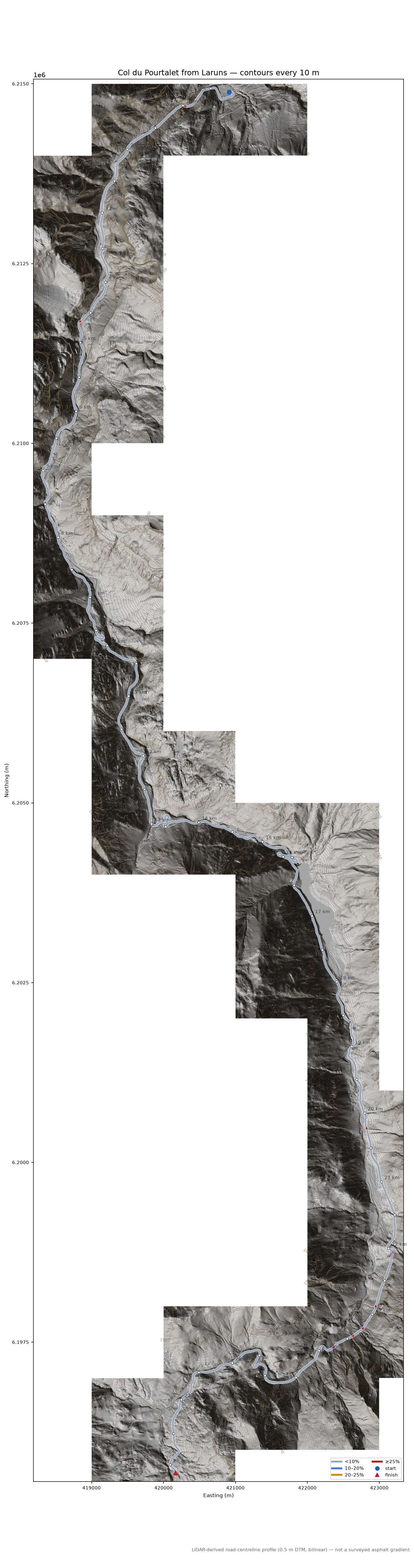 Col du Pourtalet from Laruns LiDAR hillshade map with contours