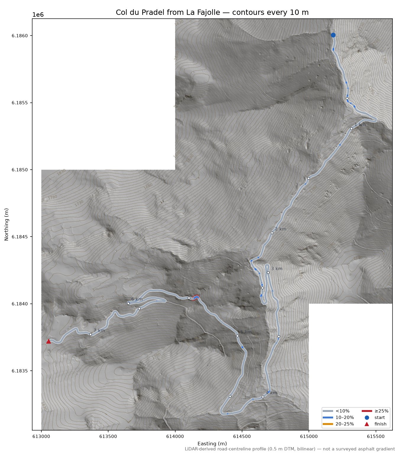 Col du Pradel from La Fajolle LiDAR hillshade map with contours
