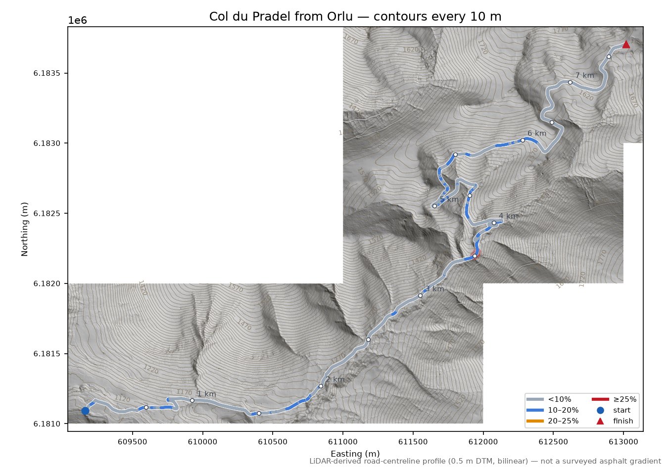 Col du Pradel from Orlu LiDAR hillshade map with contours