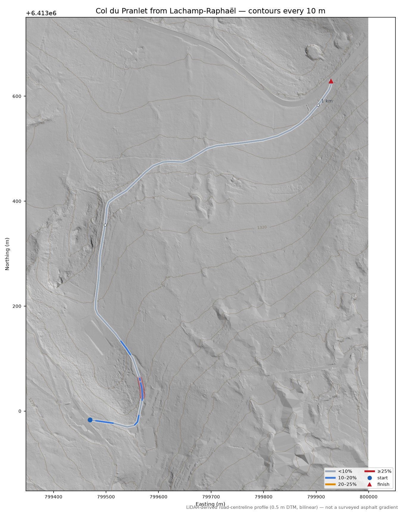 Col du Pranlet from Lachamp-Raphaël LiDAR hillshade map with contours