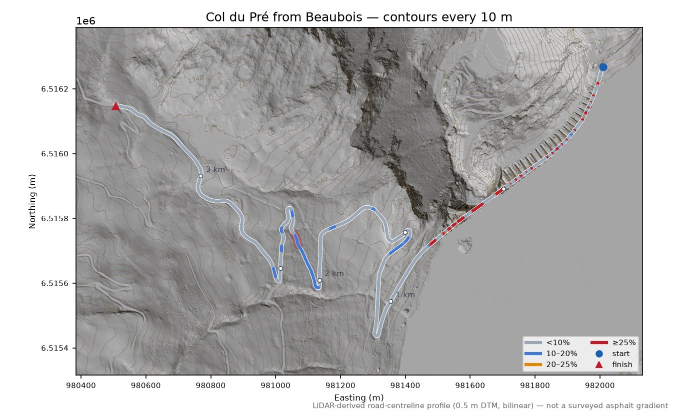 Col du Pré from Beaubois LiDAR hillshade map with contours