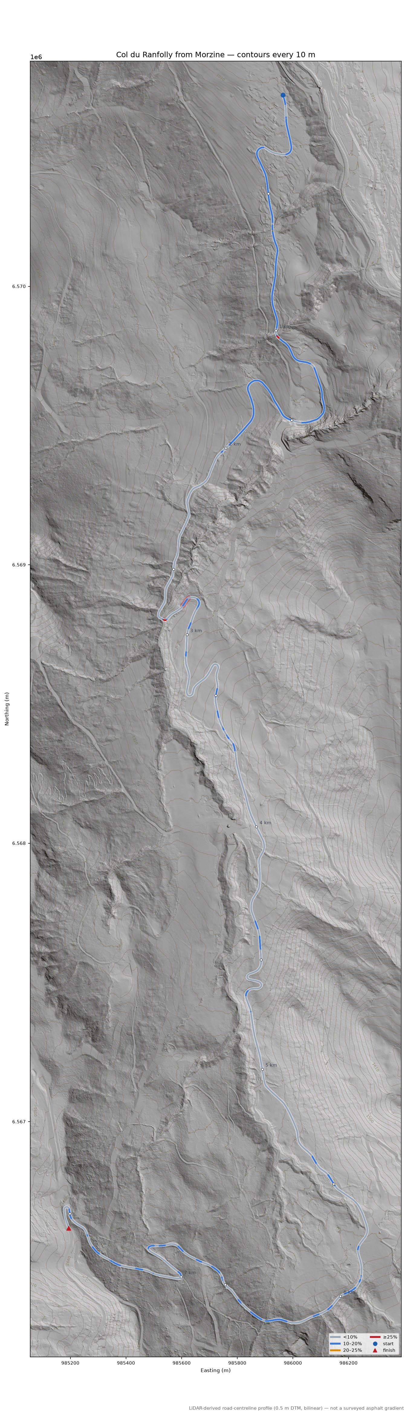 Col du Ranfolly from Morzine LiDAR hillshade map with contours