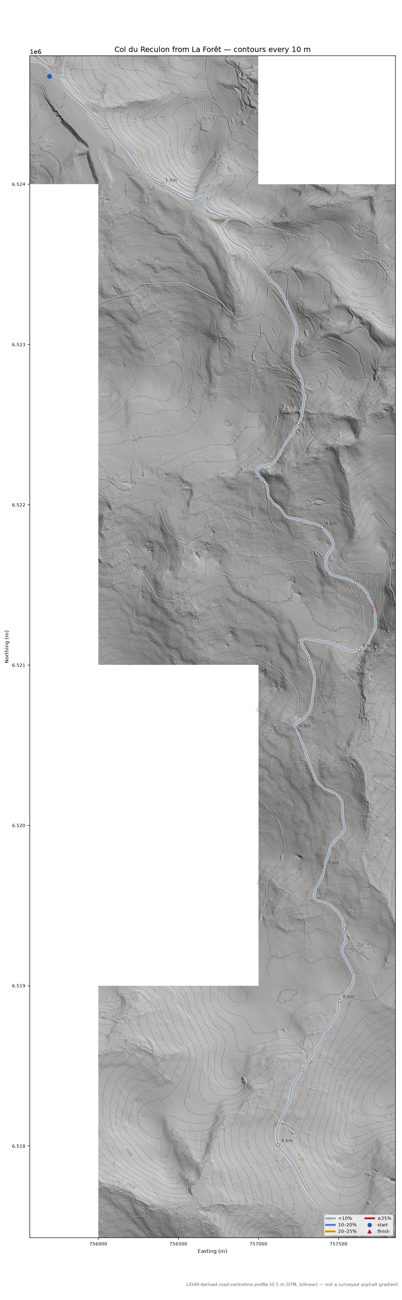 Col du Reculon from La Forêt LiDAR hillshade map with contours