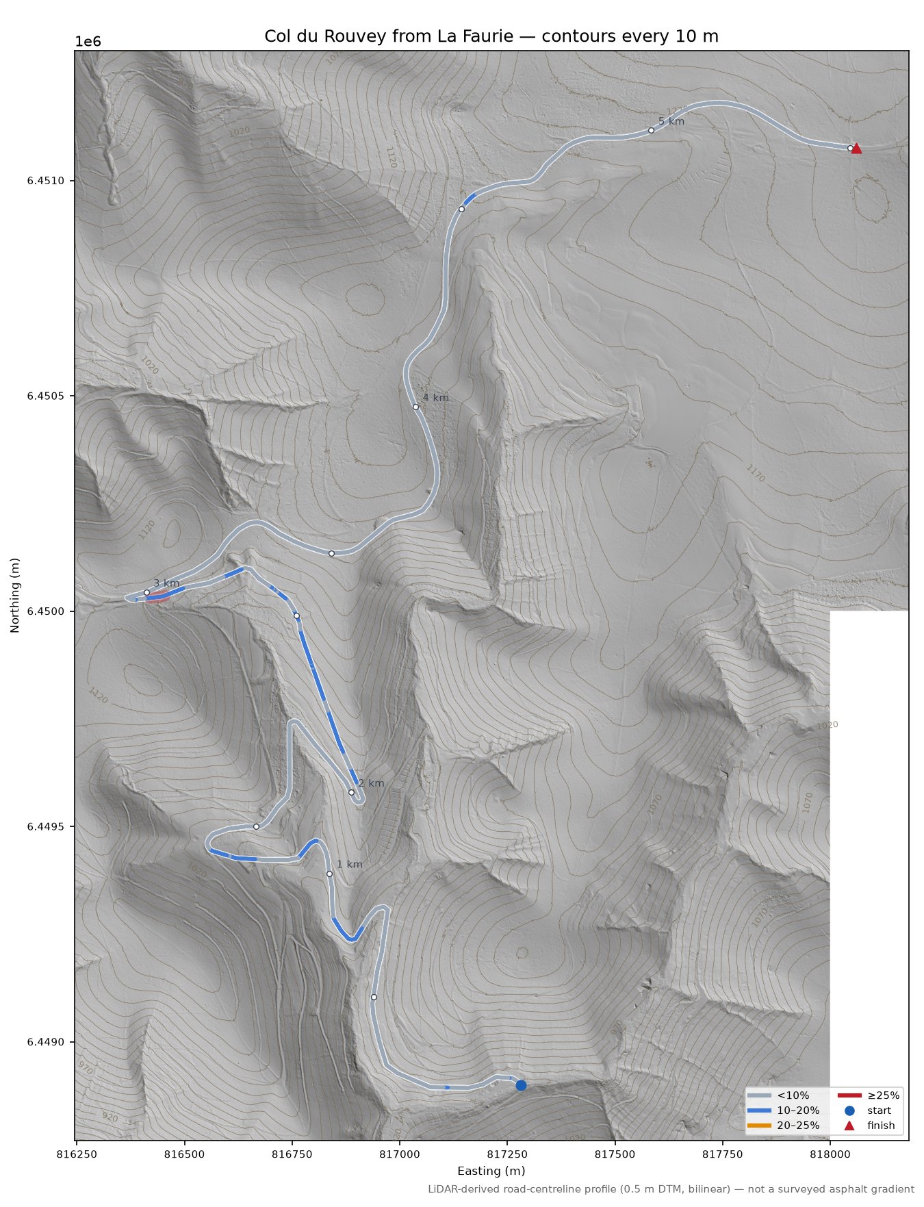 Col du Rouvey from La Faurie LiDAR hillshade map with contours