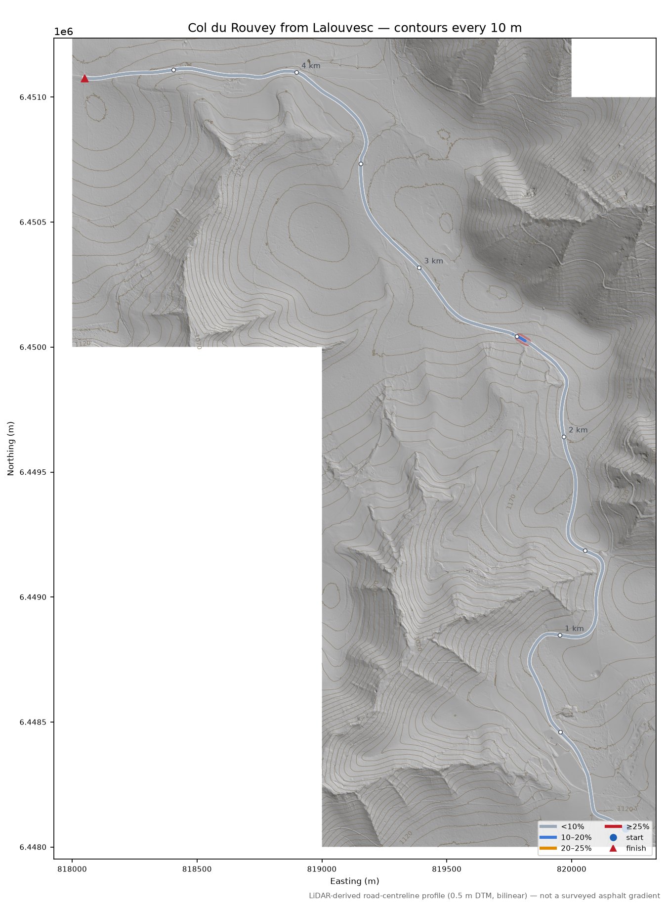Col du Rouvey from Lalouvesc LiDAR hillshade map with contours