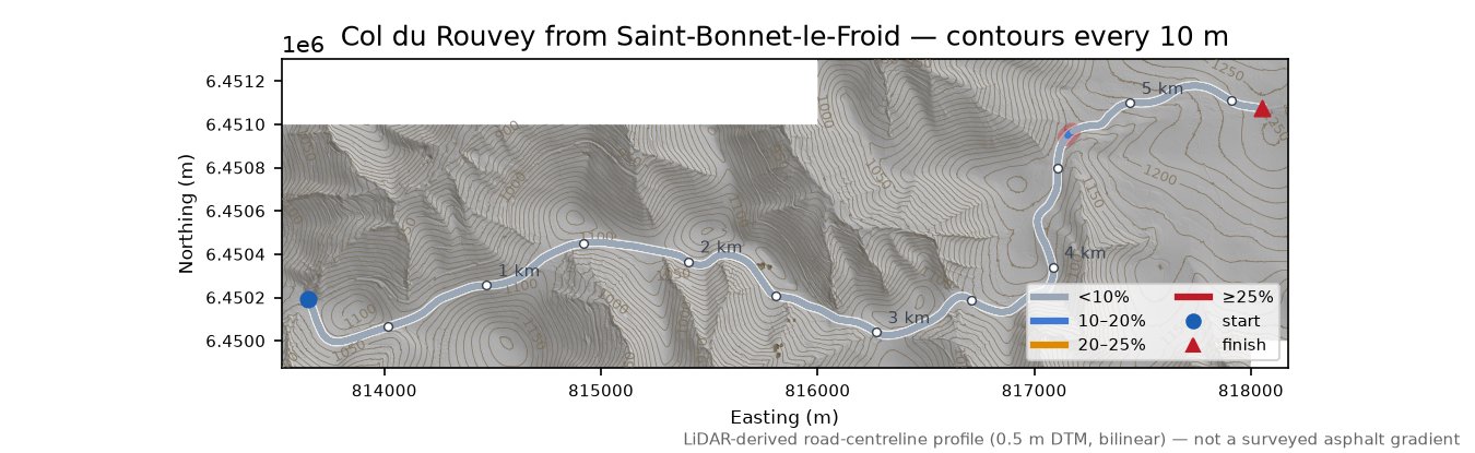 Col du Rouvey from Saint-Bonnet-le-Froid LiDAR hillshade map with contours