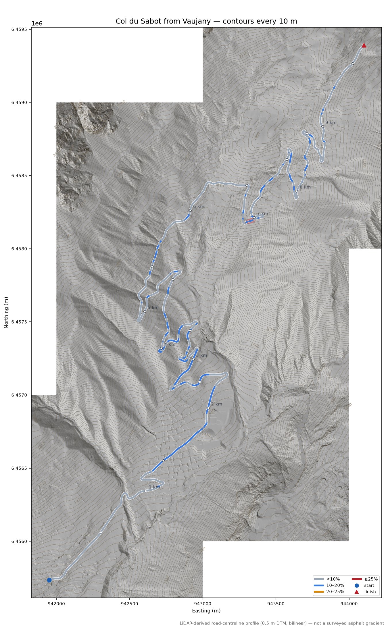 Col du Sabot from Vaujany LiDAR hillshade map with contours