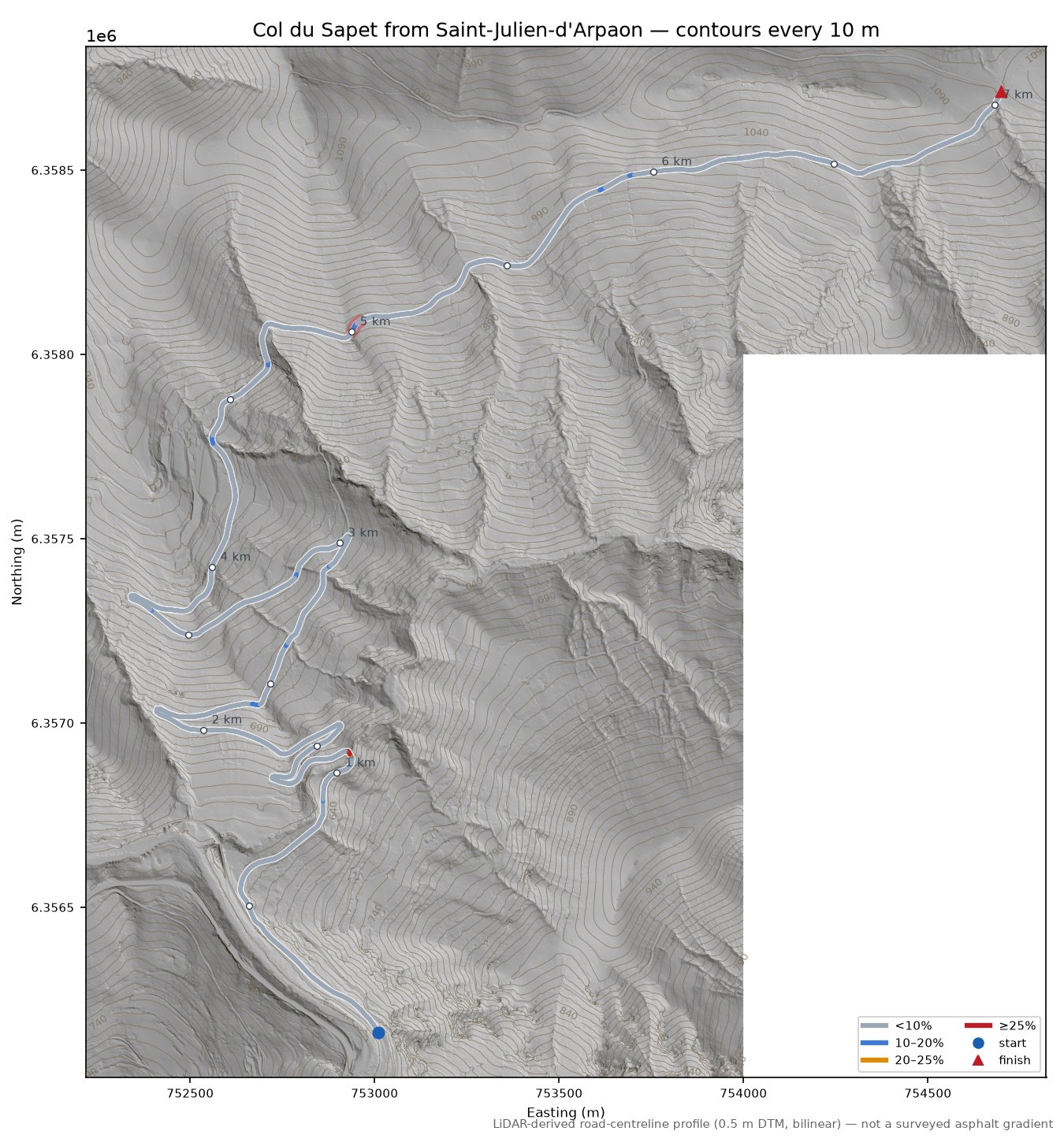 Col du Sapet from Saint-Julien-d'Arpaon LiDAR hillshade map with contours
