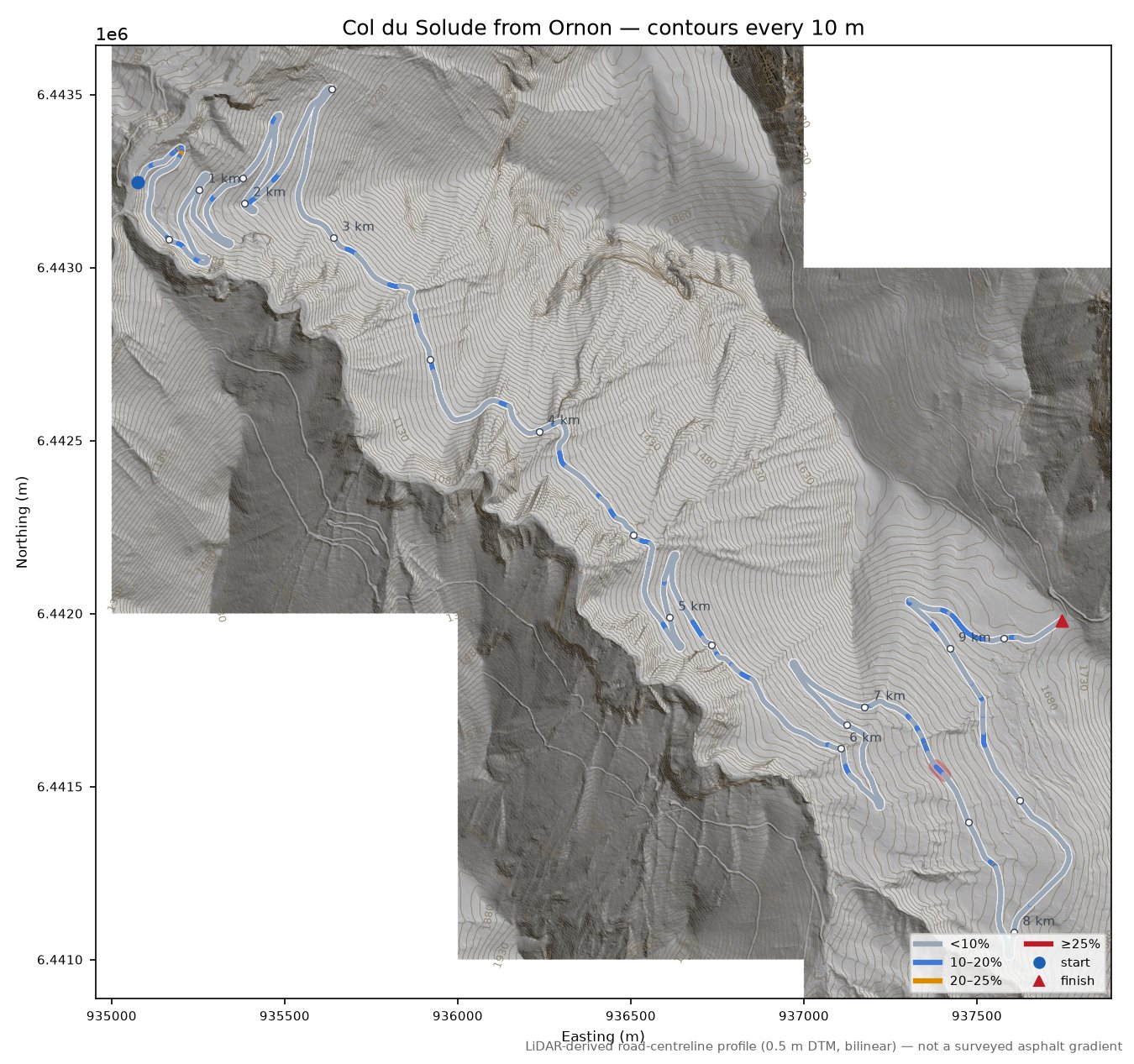 Col du Solude from Ornon LiDAR hillshade map with contours