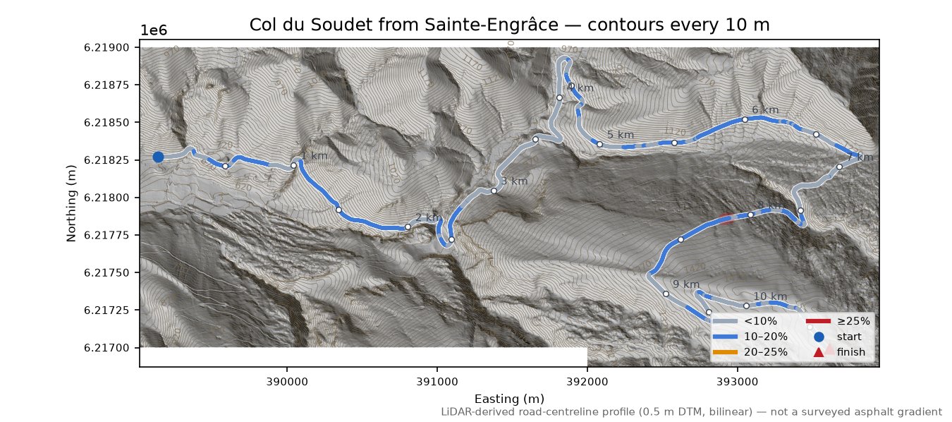 Col du Soudet from Sainte-Engrâce LiDAR hillshade map with contours