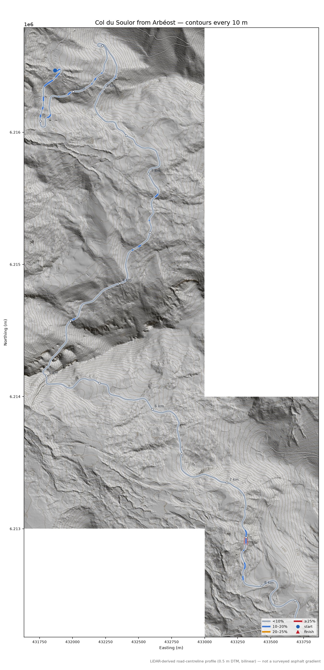 Col du Soulor from Arbéost LiDAR hillshade map with contours