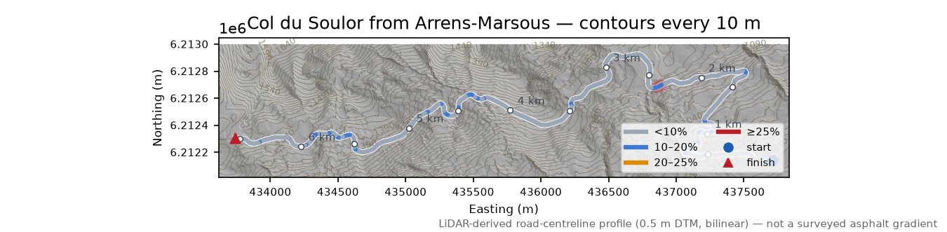 Col du Soulor from Arrens-Marsous LiDAR hillshade map with contours