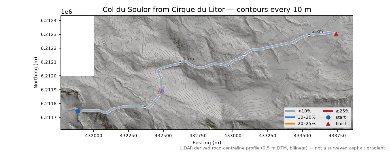 Col du Soulor from Cirque du Litor LiDAR hillshade map with contours