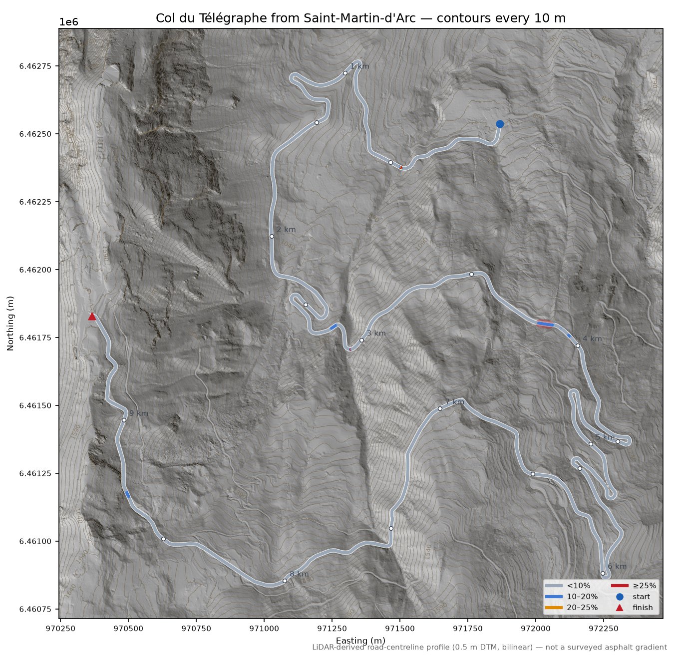Col du Télégraphe from Saint-Martin-d'Arc LiDAR hillshade map with contours