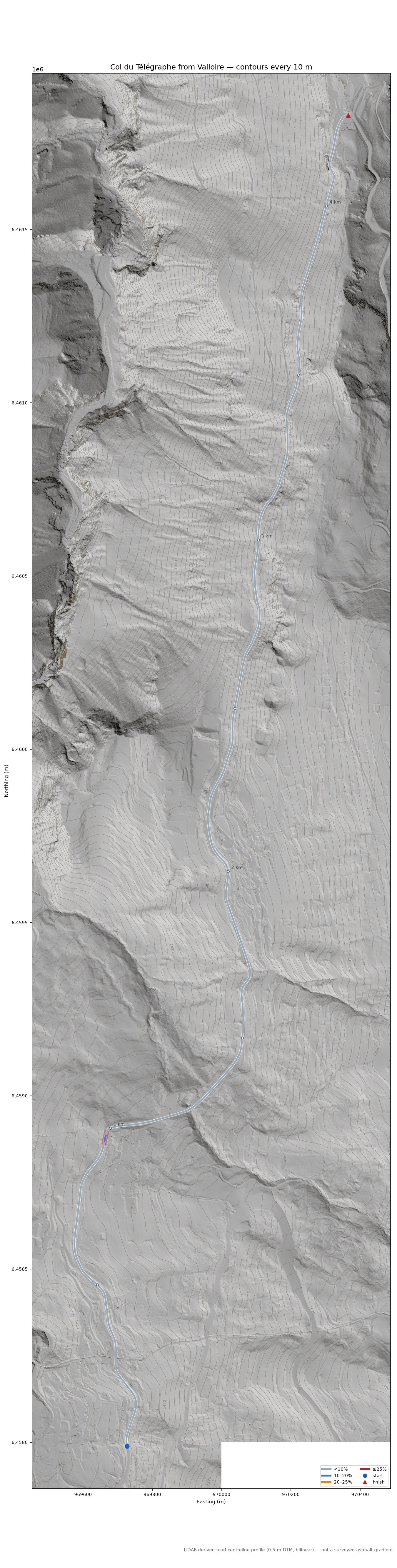 Col du Télégraphe from Valloire LiDAR hillshade map with contours