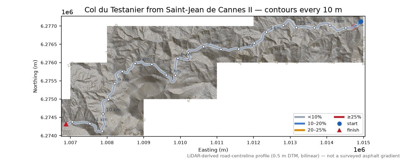 Col du Testanier from Saint-Jean de Cannes II LiDAR hillshade map with contours